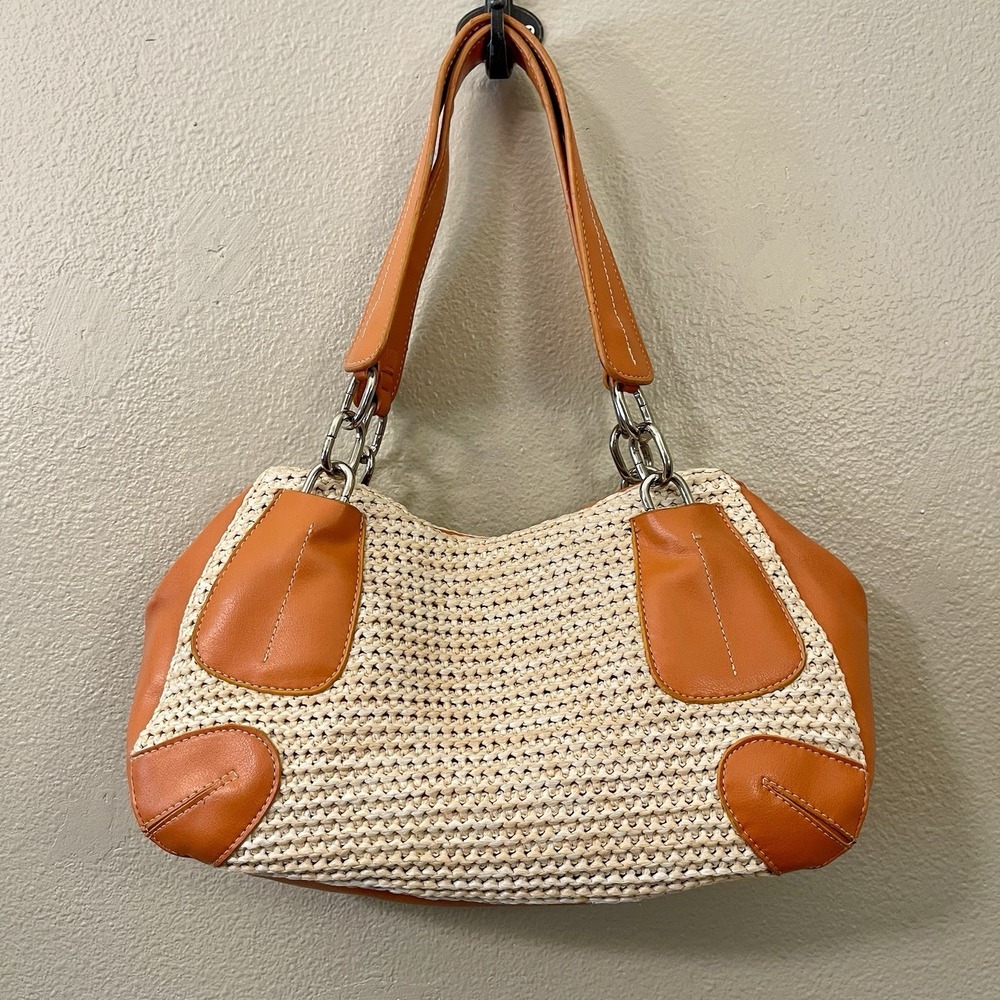 Sag Harbor Faux Leather & Straw Shoulder Bag Boho Hobo Y2K Orange Beige EUC
